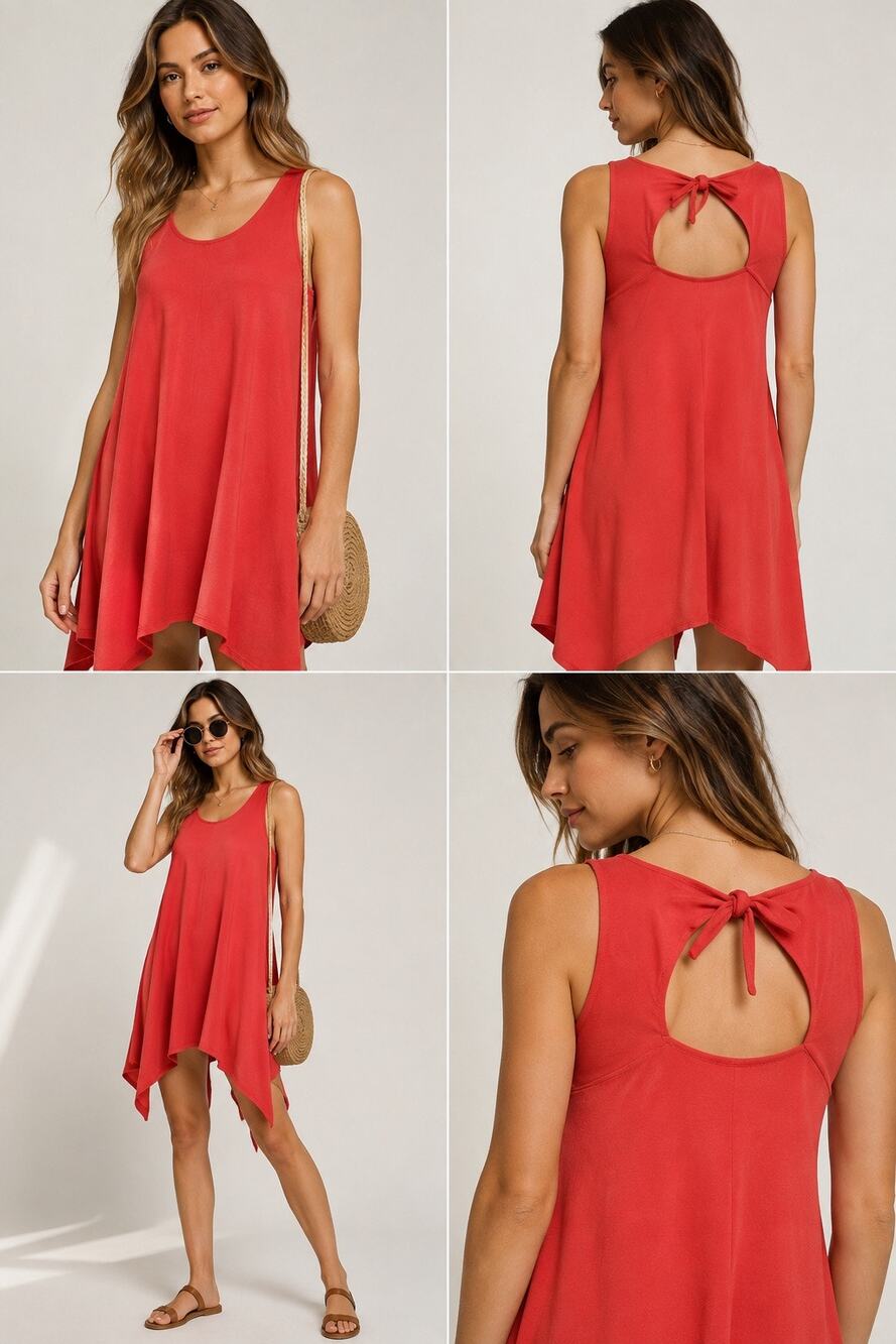 August Silk Handkerchief Hem Sundress Medium Pink Red Tie Back Sleeveless NWT